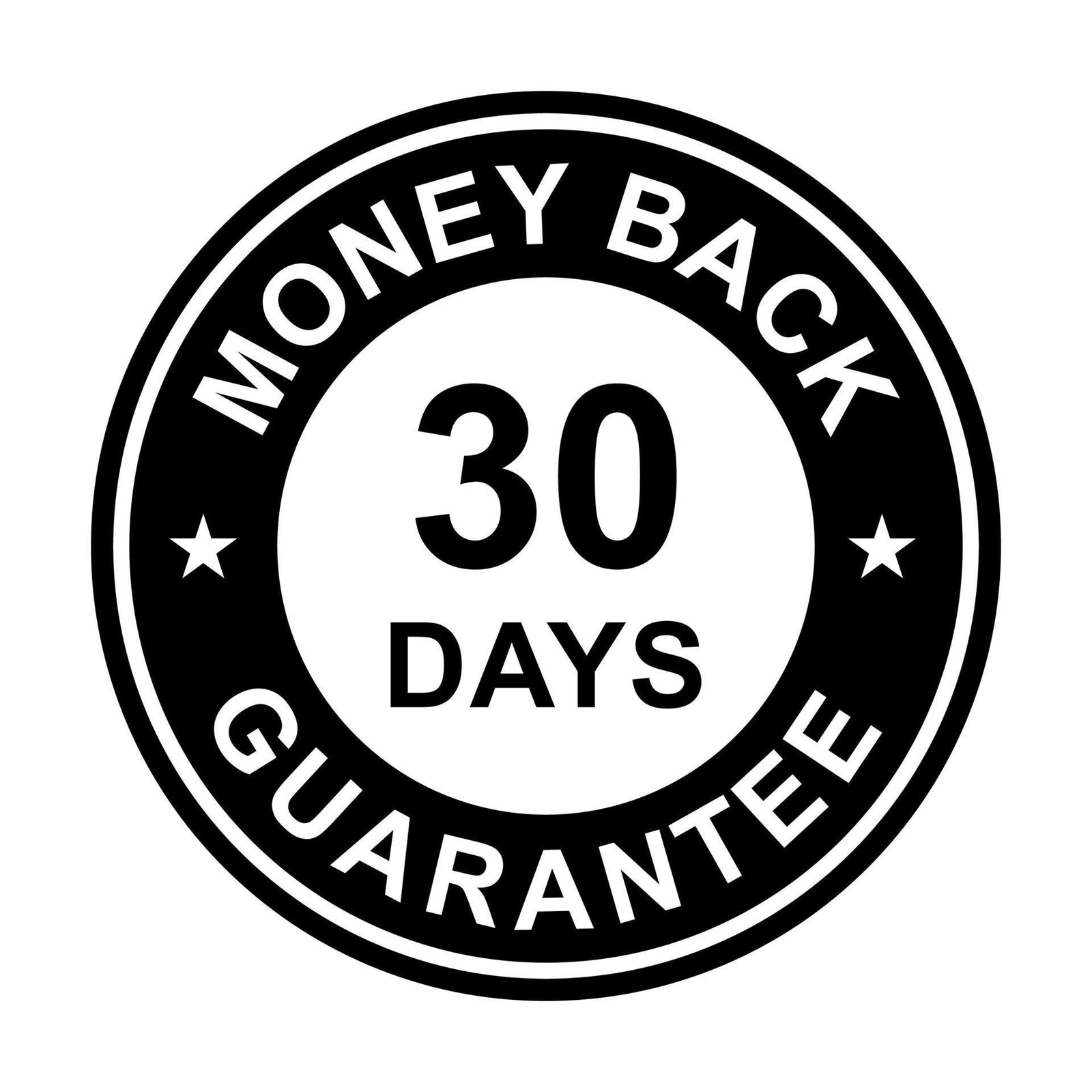 Money back guarantee logo with '30 days' text on a white background
