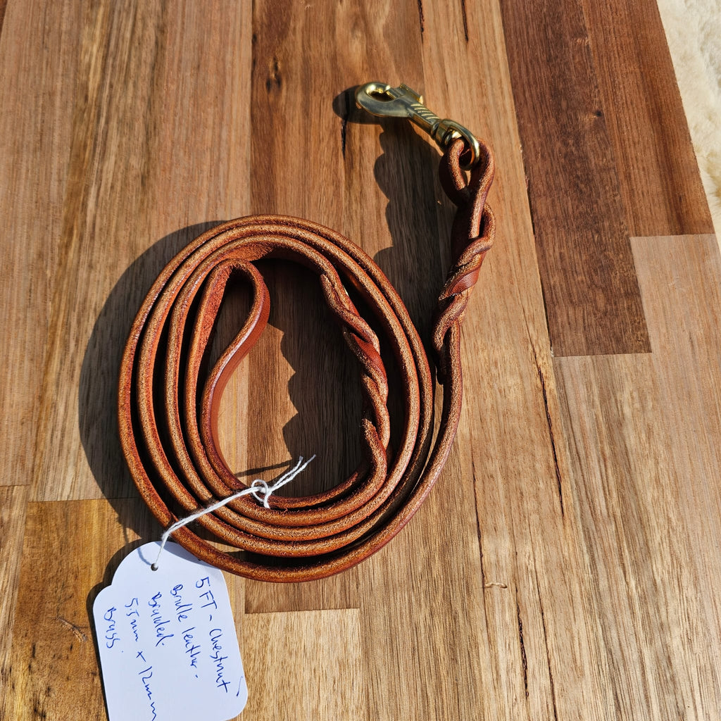 5ft Bridle Leather Chestnut Brown Braided Dog Leash - PK9 Gear