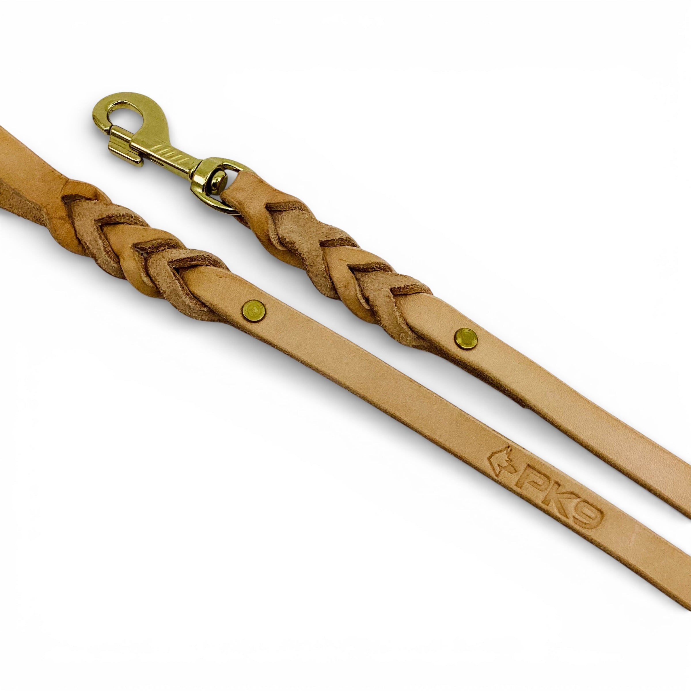 Beige leather dog leash with braided design and gold clasp on a white background