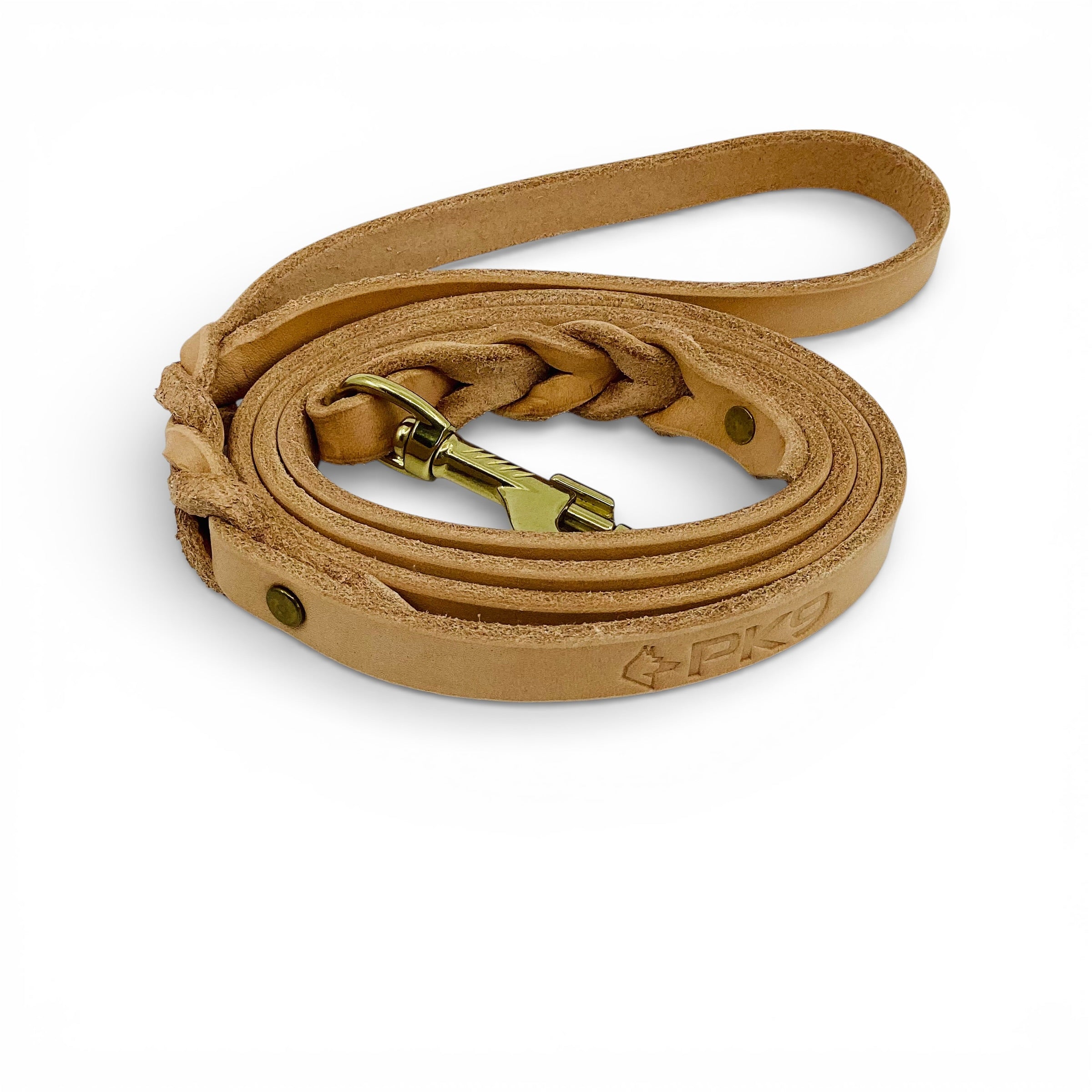 natural leather dog leash with brassclasp on a white background