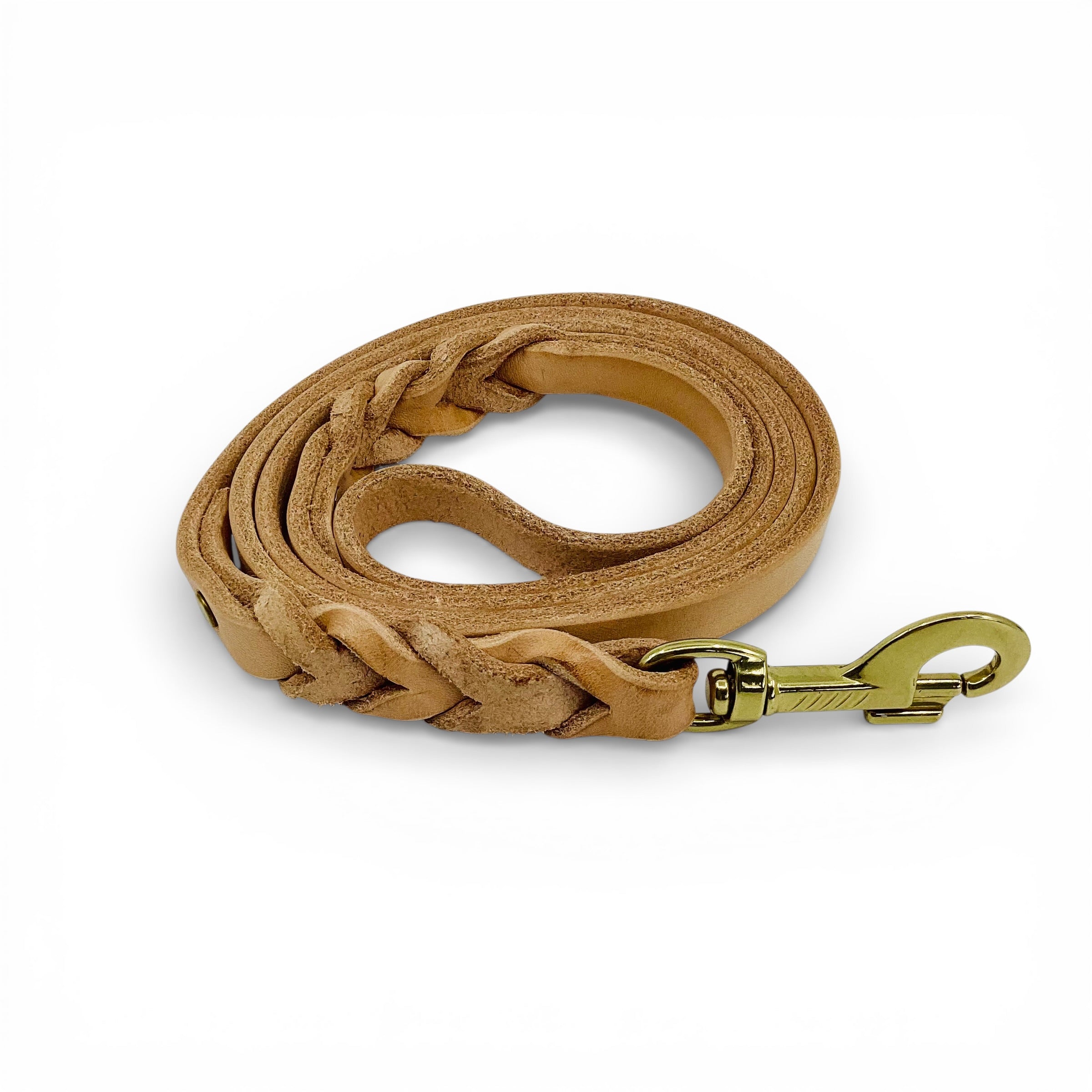 natural braided leather dog leash with a gold clasp on a white background