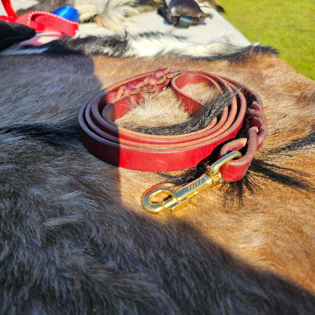 6ft Braided Burgundy Latigo Leather Dog Leash - PK9 Gear