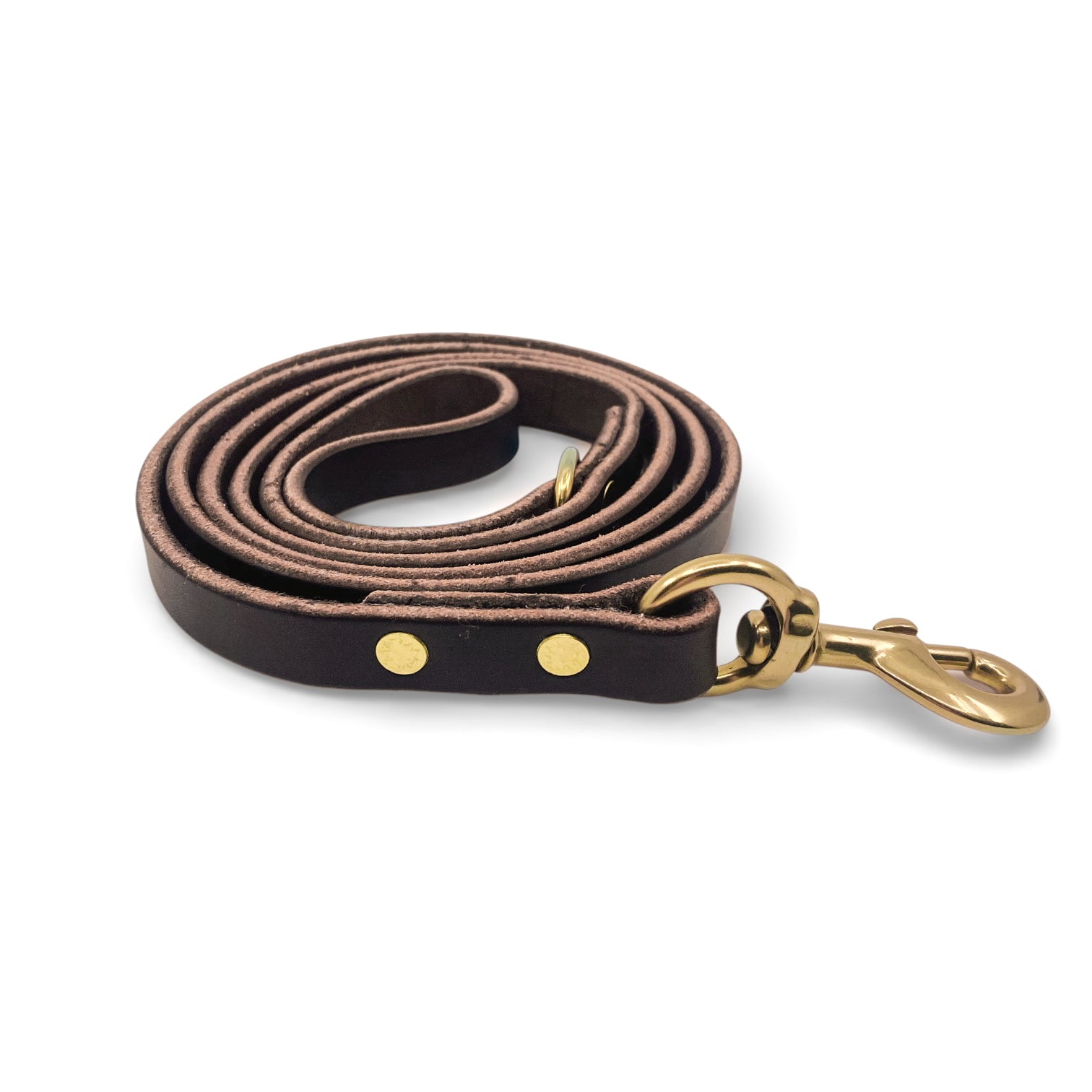 Brown leather dog leash with brass hardware on a white background