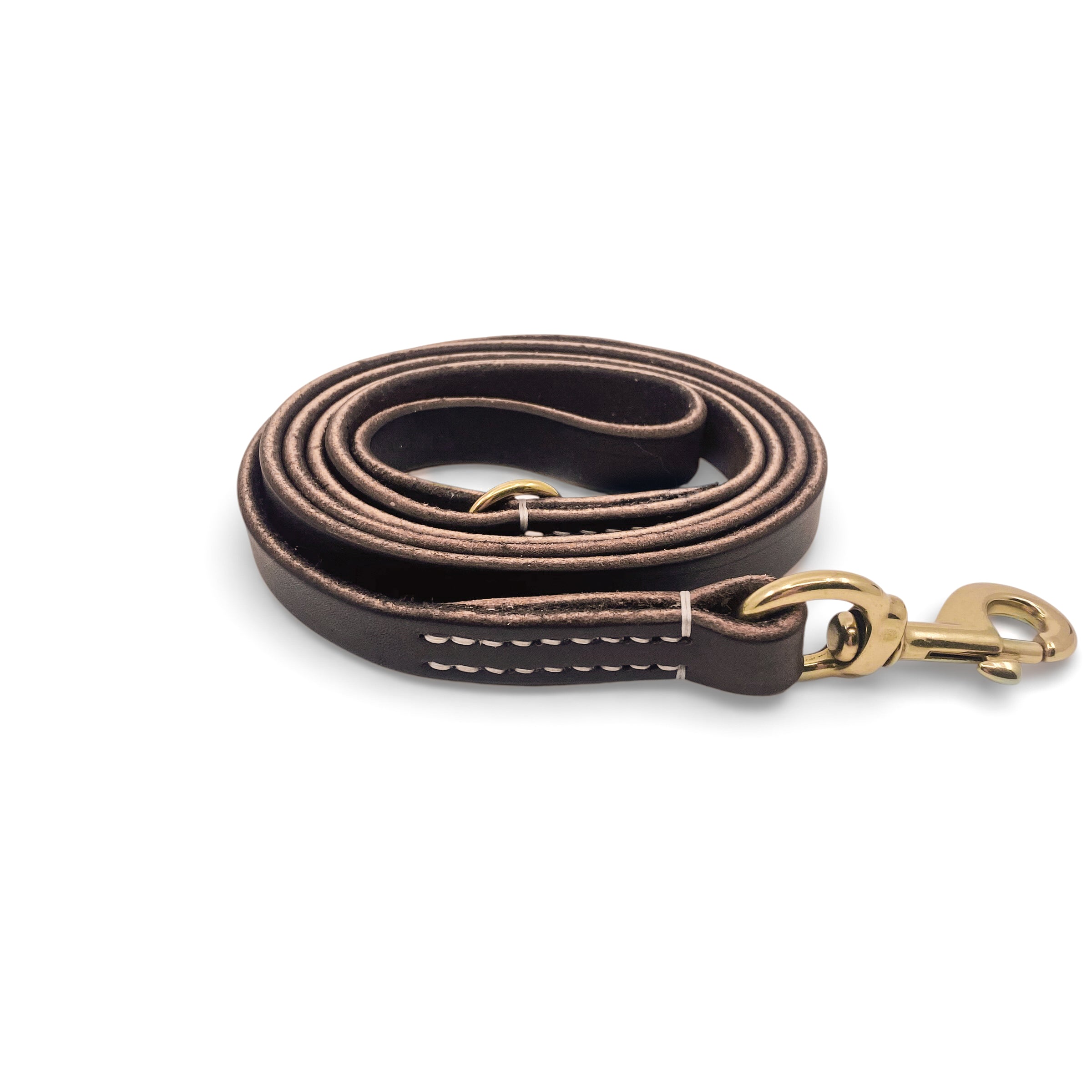 Brown leather dog leash with brass clasp on a white background