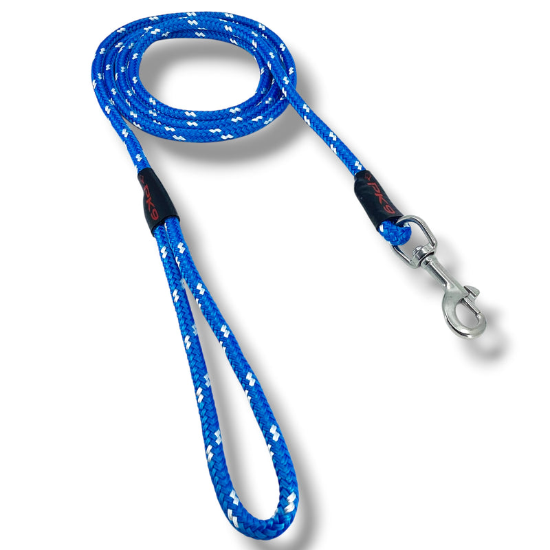 Blue dog leash with white pattern on a white background