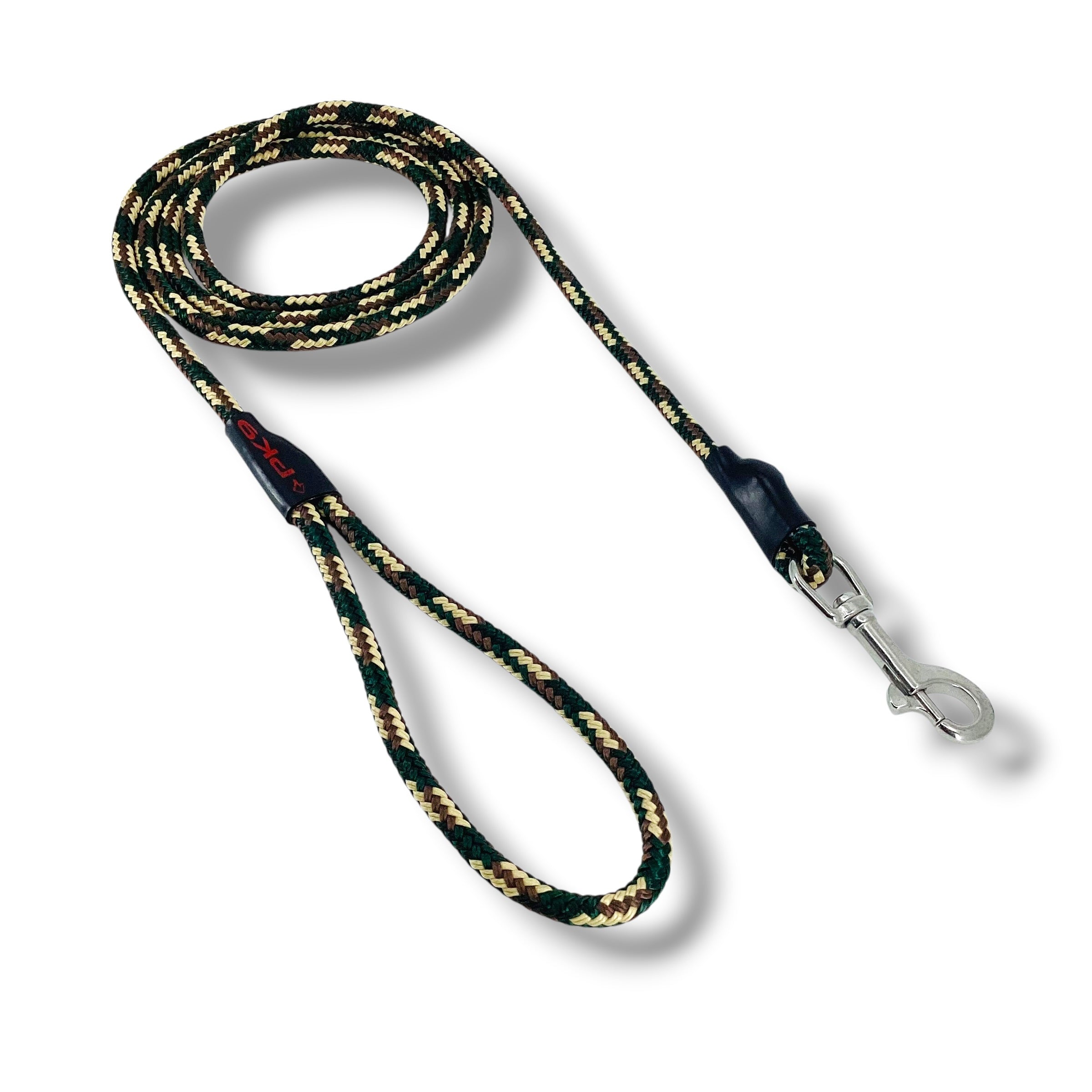 Dog leash with black and gold pattern on a white background