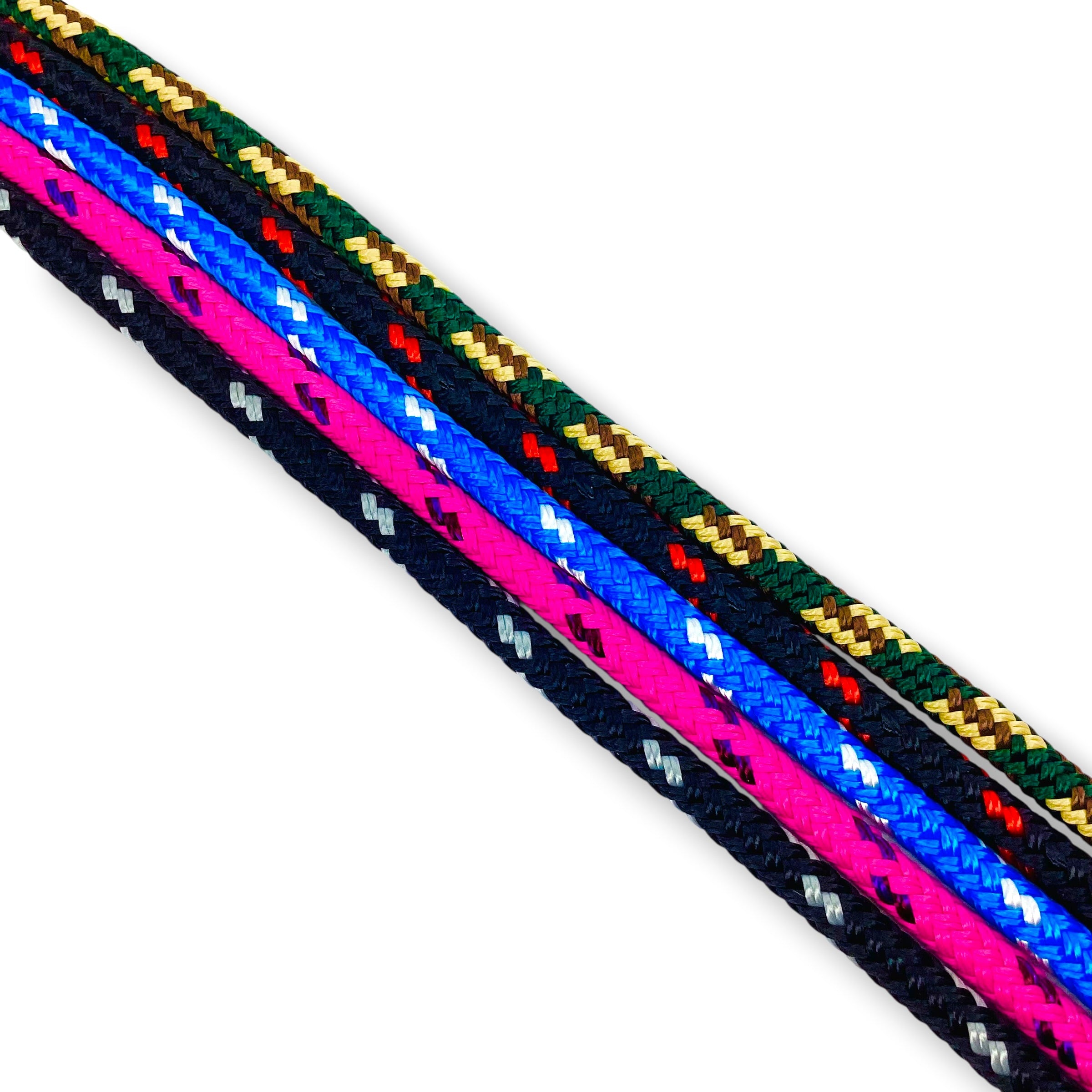Colorful braided cord with red, blue, green, and pink pattern dog leads on a white background