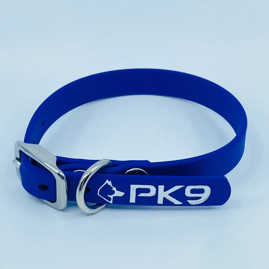Blue dog collar with 'PK9' branding on a light blue background