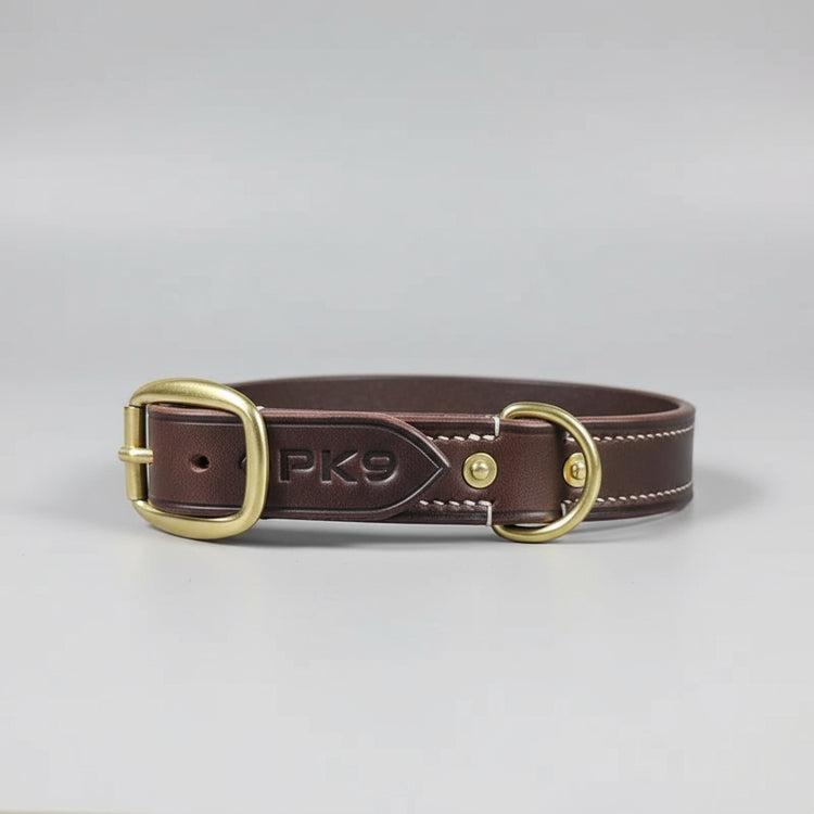 Brown leather dog collar with 'PK9' branding 