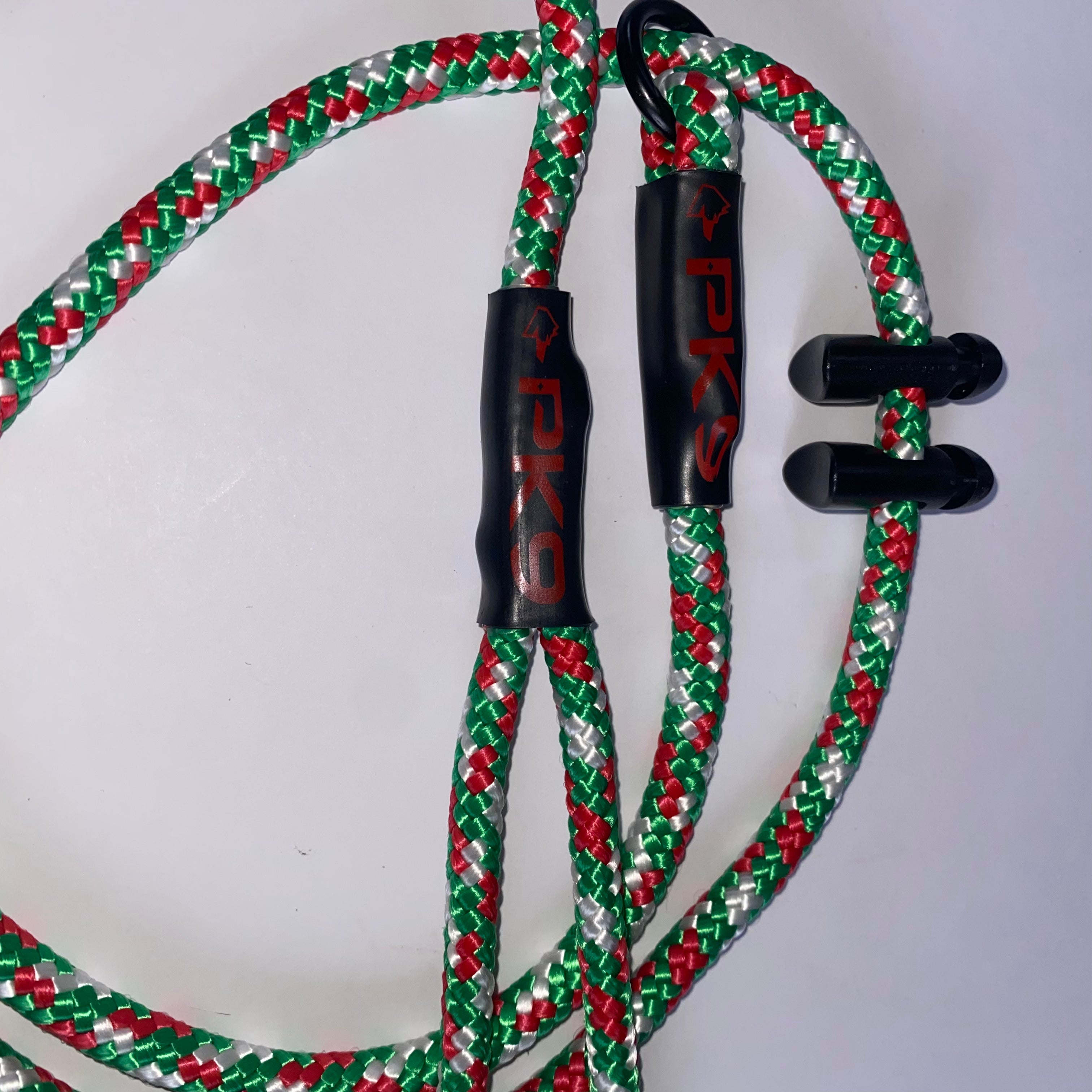 Braided green, red, and silver cord with black clips on a white background
