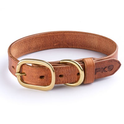 Hermann Oak Leather Dog collar with brass buckle on a white background