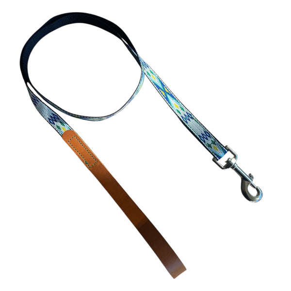 177 – Auction Item – Patterned Webbing Dog Lead with Leather Handle