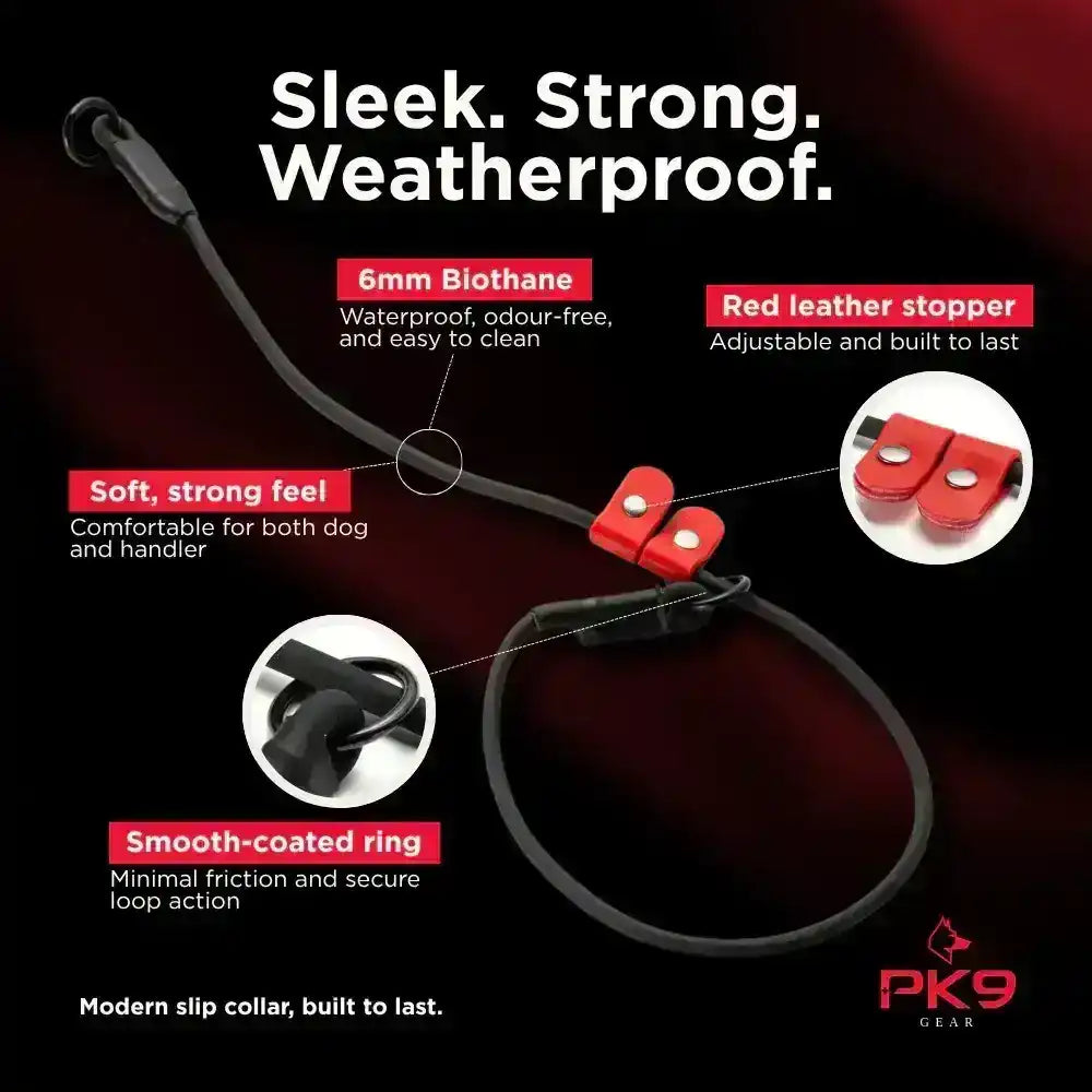 Dog leash with features highlighted on a dark background, including '6mm Biothane', 'Red leather stopper', 'Smooth-coated ring', and 'Soft, strong feel'.