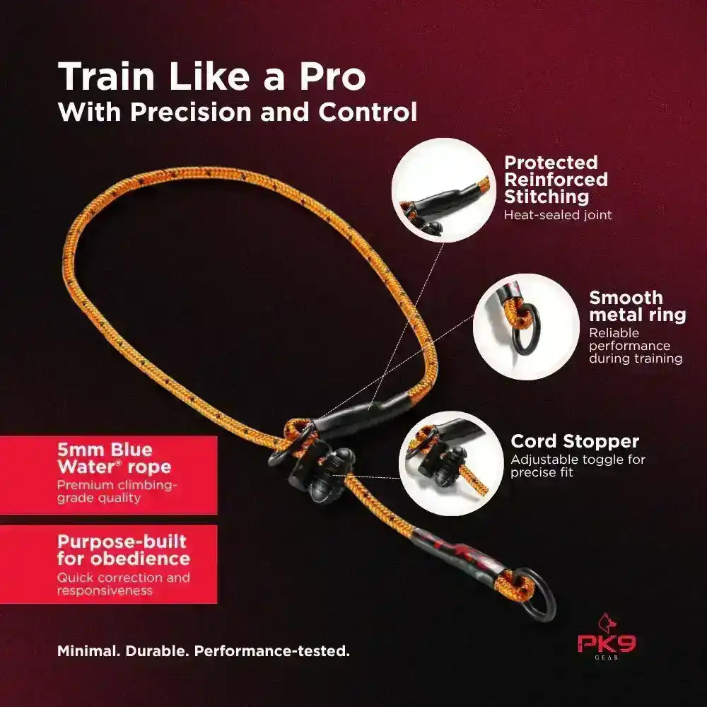 Dog training leash with features highlighted on a dark background