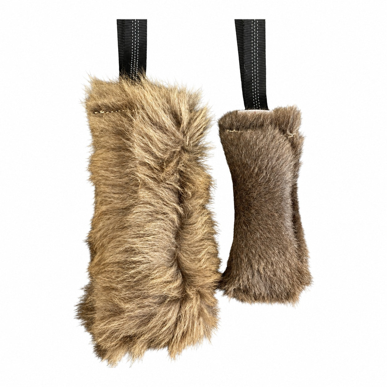 Two PK9 Gear small kangaroo tug toys side by side, showing longer tan fur and shorter brown fur with black handles.
