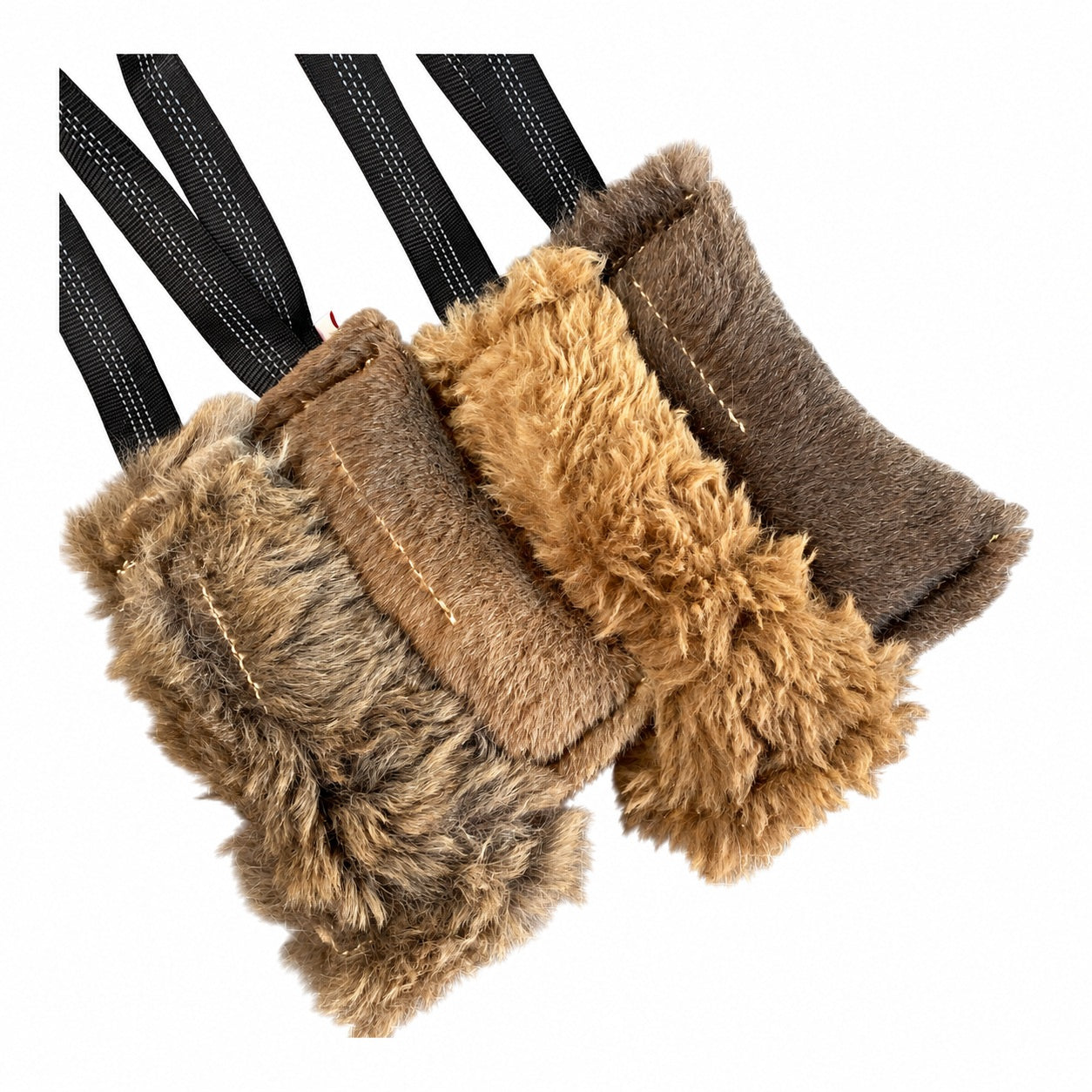 Four PK9 Gear small kangaroo fur tug toys in natural brown and tan shades with black webbing handles.