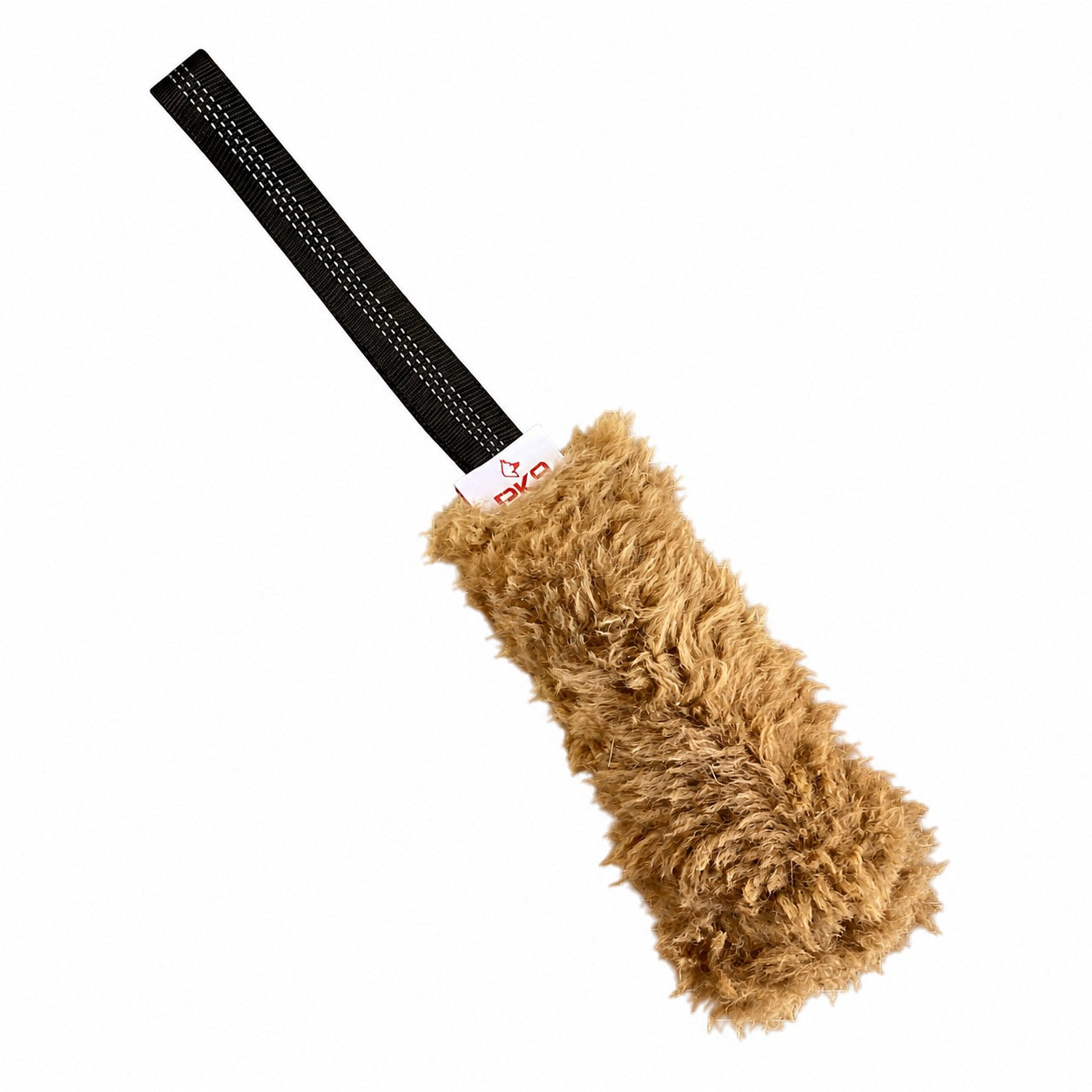 PK9 Gear small kangaroo tug toy with shaggy tan fur, a black webbing handle and a white PK9 label.
