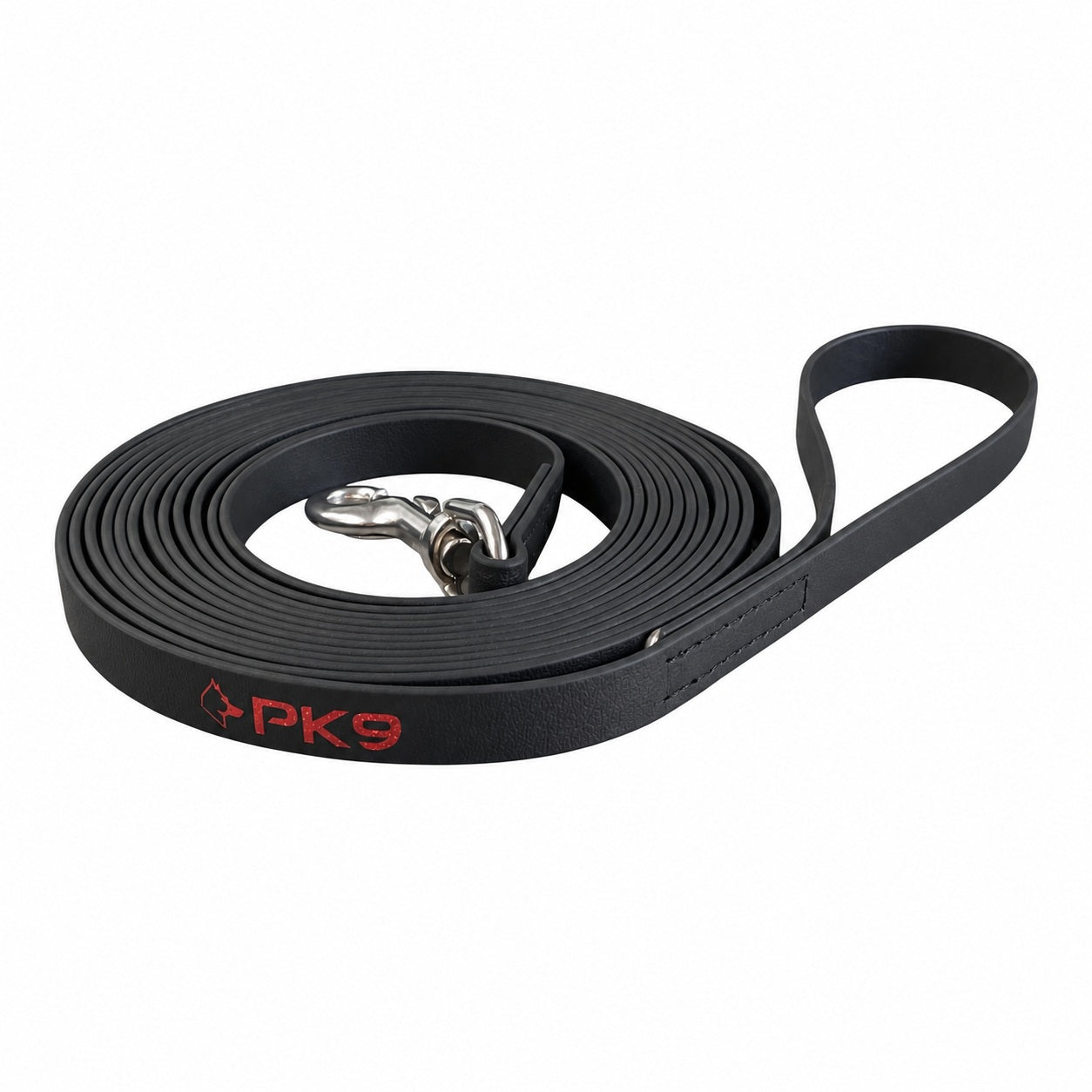 Coiled Midnight Black PawTex 5m waterproof dog long line with loop handle and red PK9 branding.