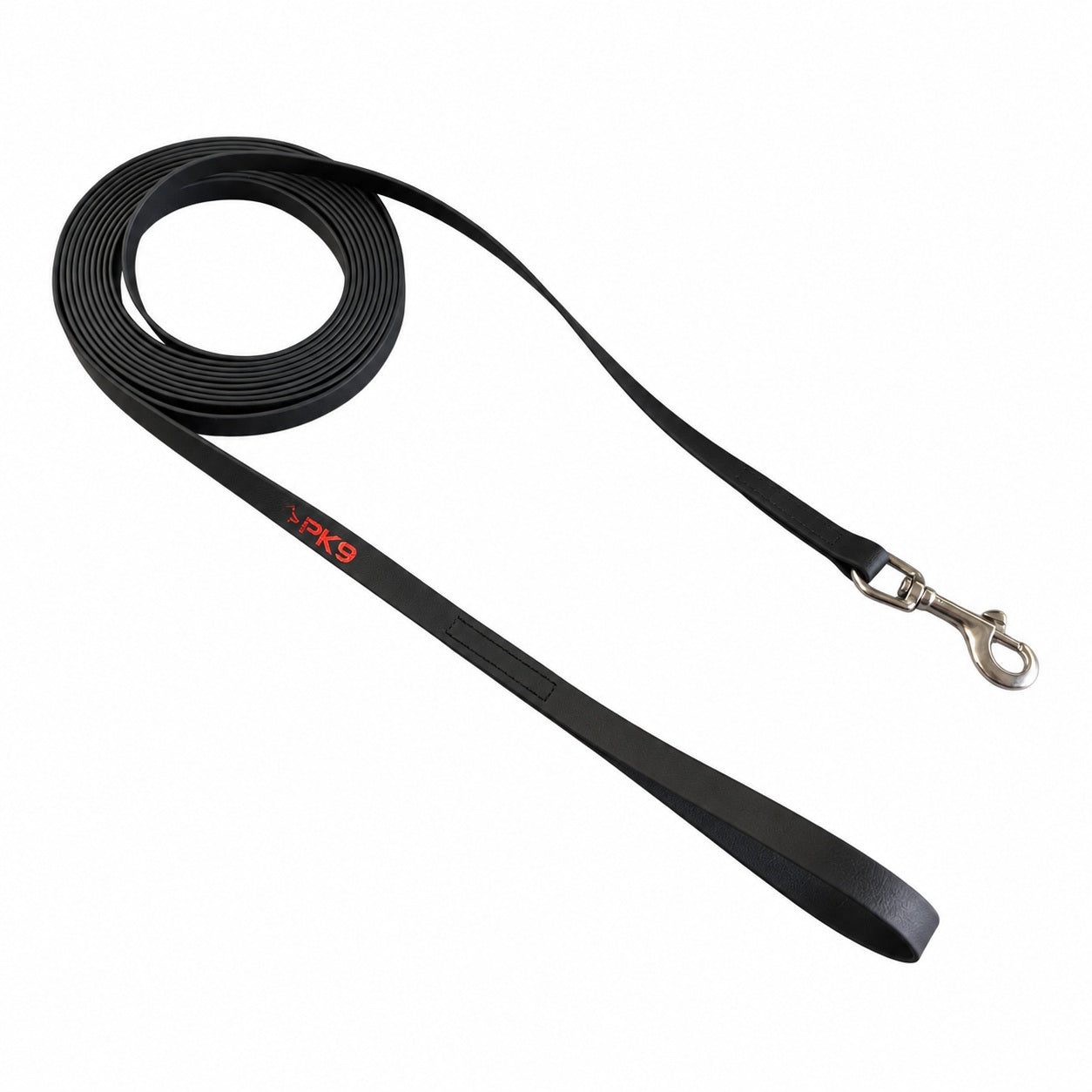 Midnight Black PawTex 5m dog training long line laid out to show the loop handle, coated webbing and swivel snap.