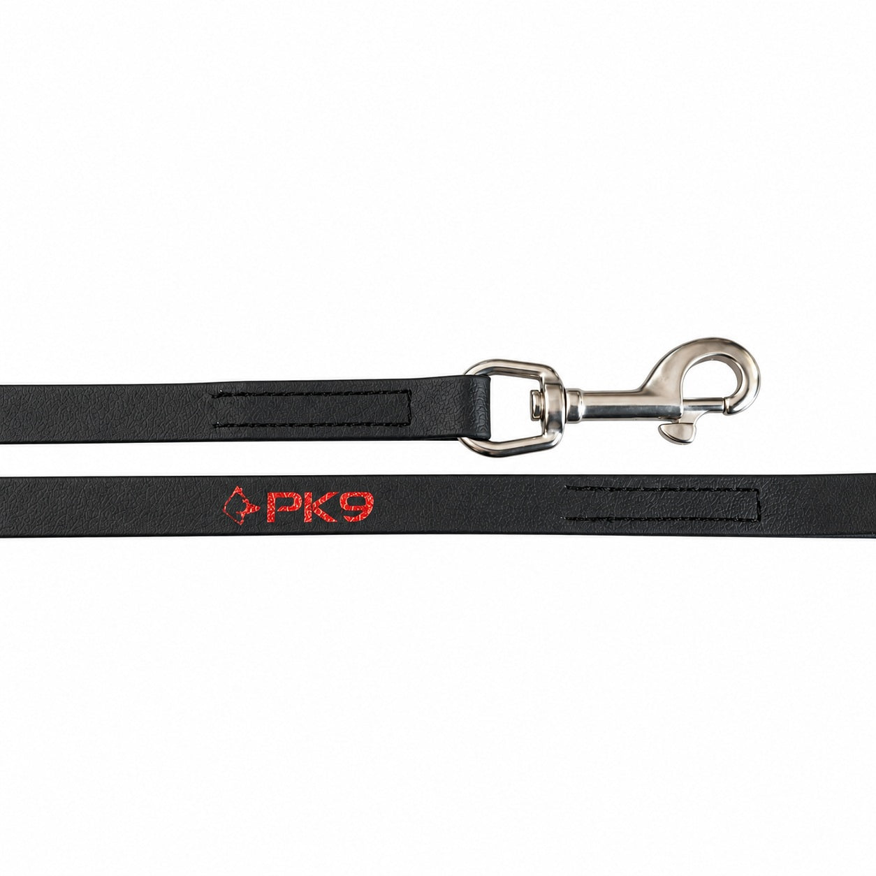 Close-up of the Midnight Black PawTex long line showing the stainless steel swivel snap, sewn connections and red PK9 logo.