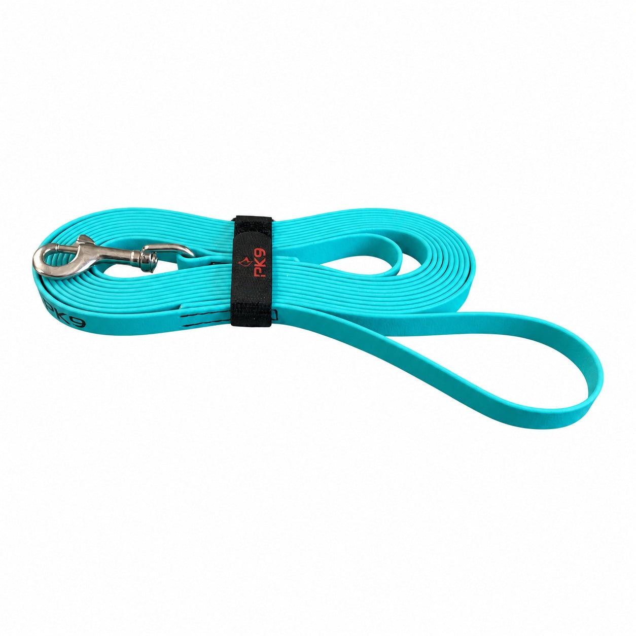 Teal PawTex 5m waterproof dog long line bundled with PK9 keeper, loop handle and stainless steel snap.