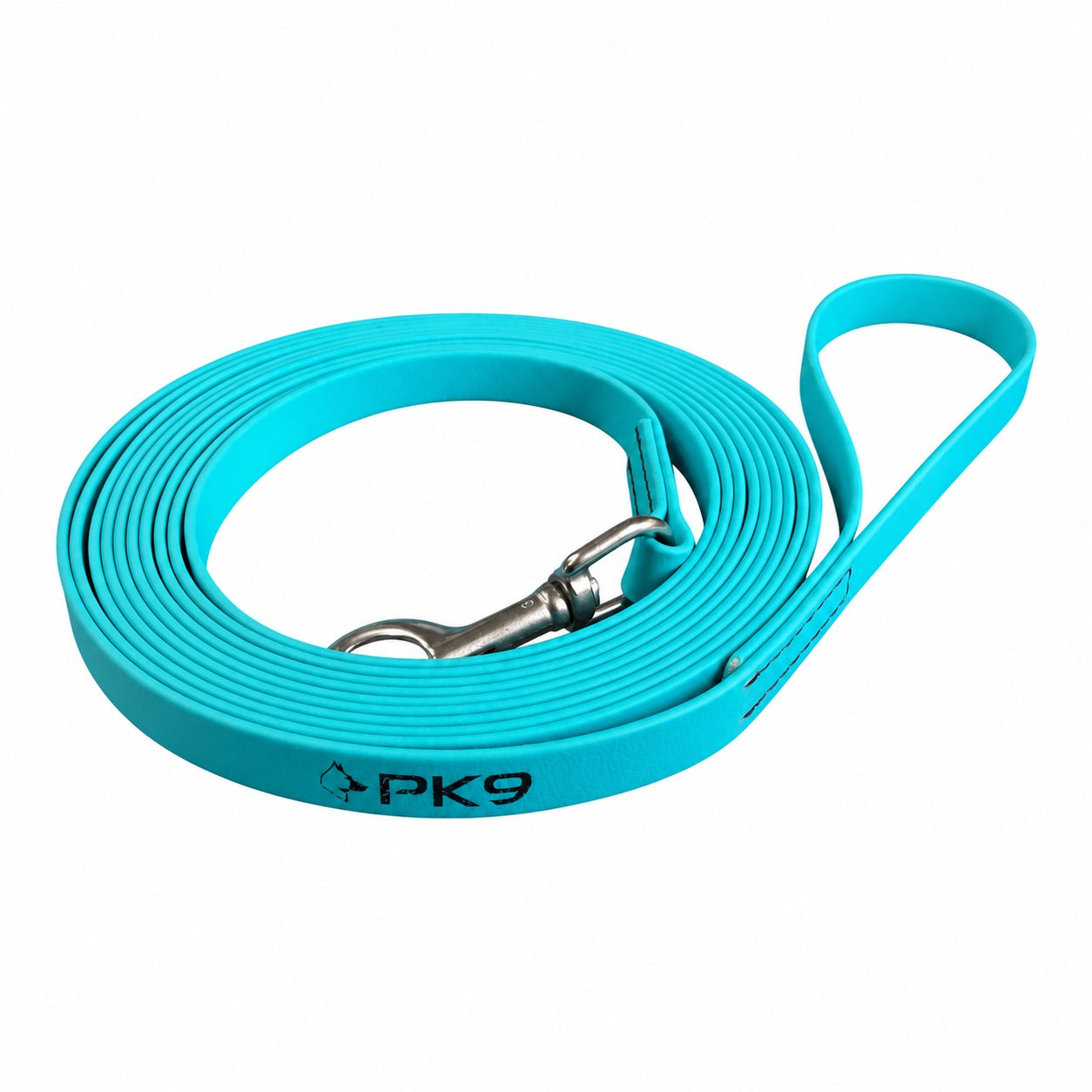 Coiled Teal PawTex 5m waterproof dog long line with loop handle and black PK9 branding.