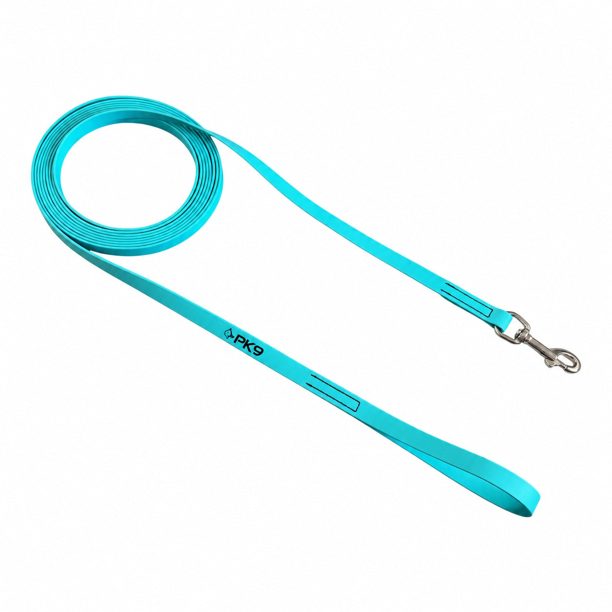 Teal PawTex 5m dog training long line laid out to show the loop handle, coated webbing and swivel snap.