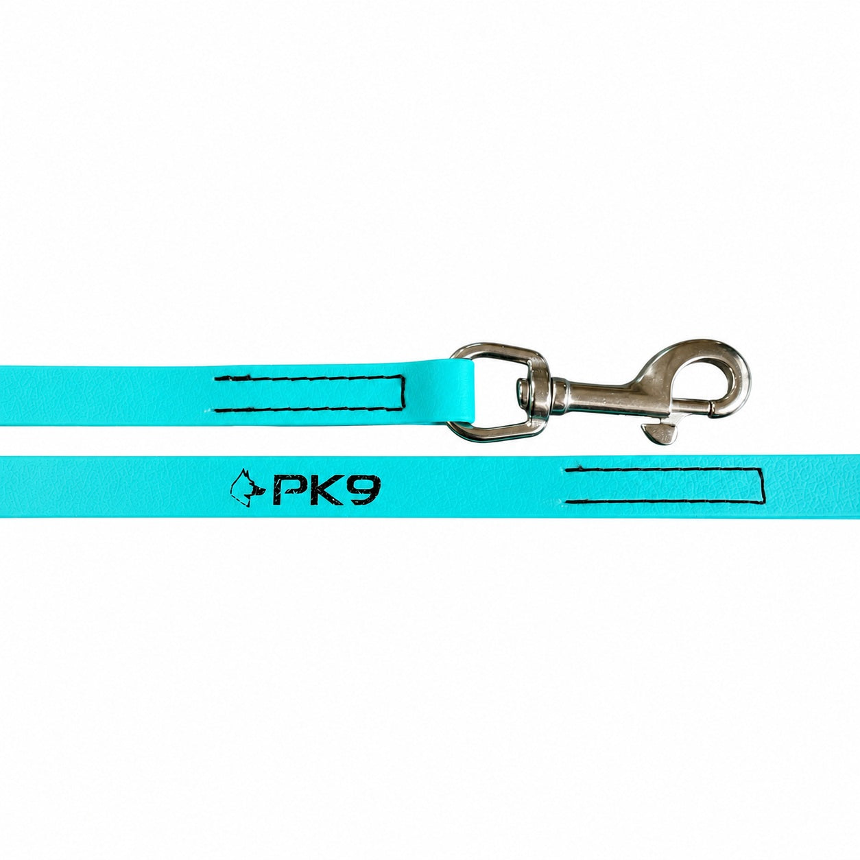 Close-up of the Teal PawTex long line showing the stainless steel swivel snap, sewn connections and PK9 logo.