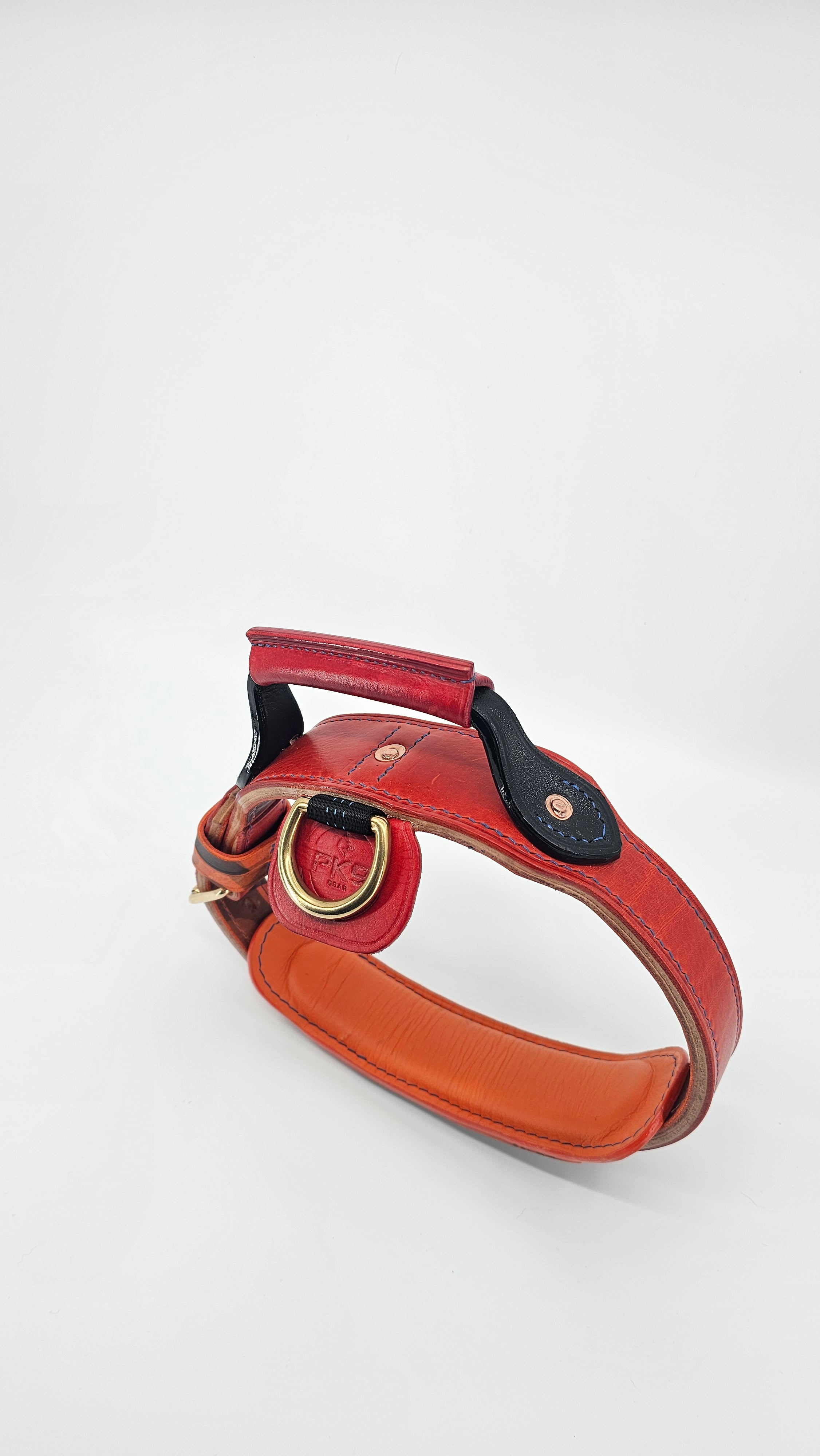 Completed PK9 collar colour example with red-orange leather, red grip, black handle supports and orange lining