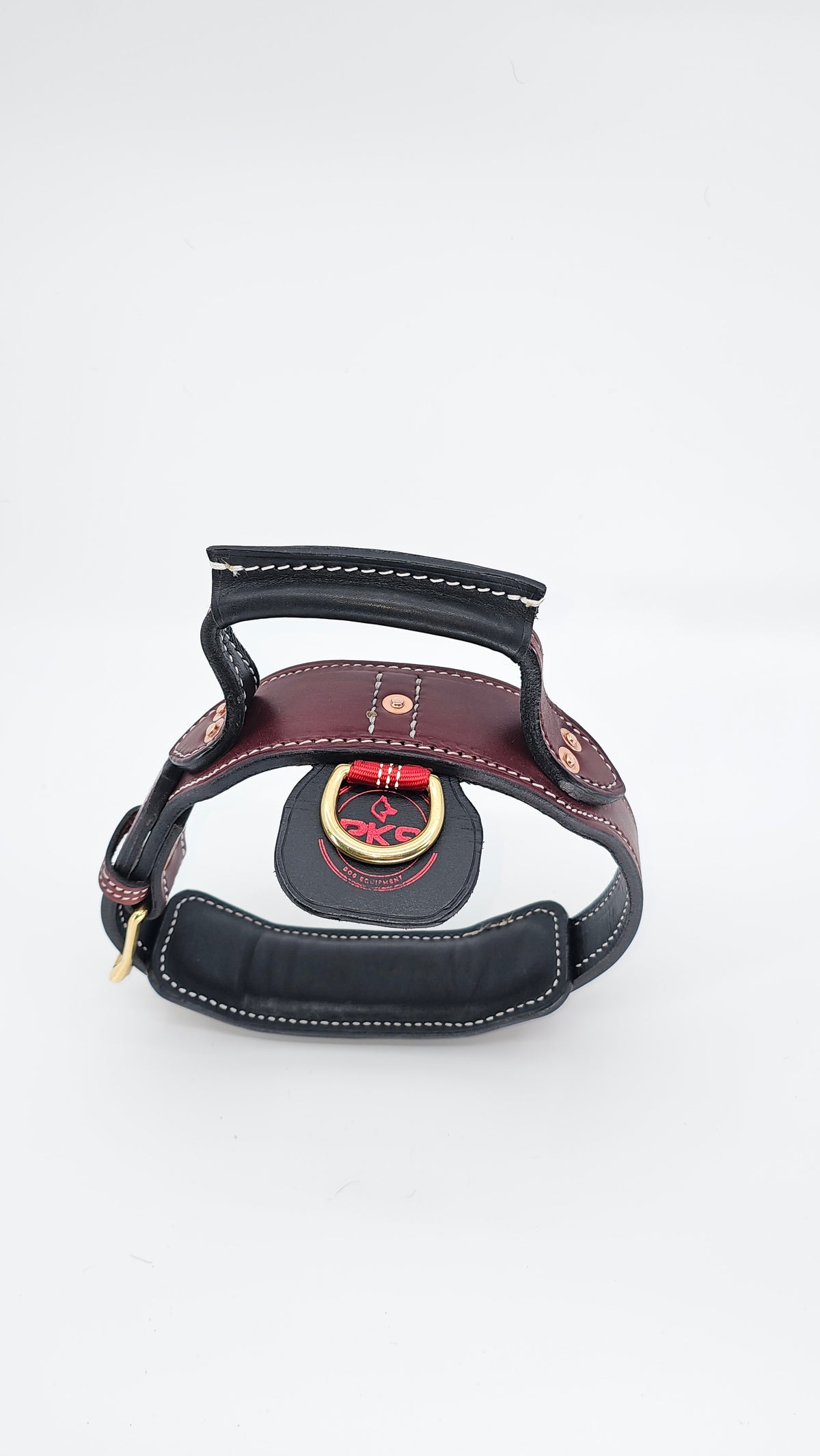 Front view of the tactical leather collar sample with burgundy-brown leather and a black handle