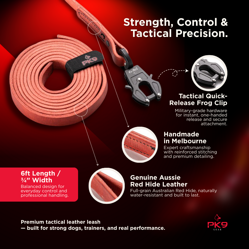 PK9 leather leash with tactical quick-release frog clip on a red and black background